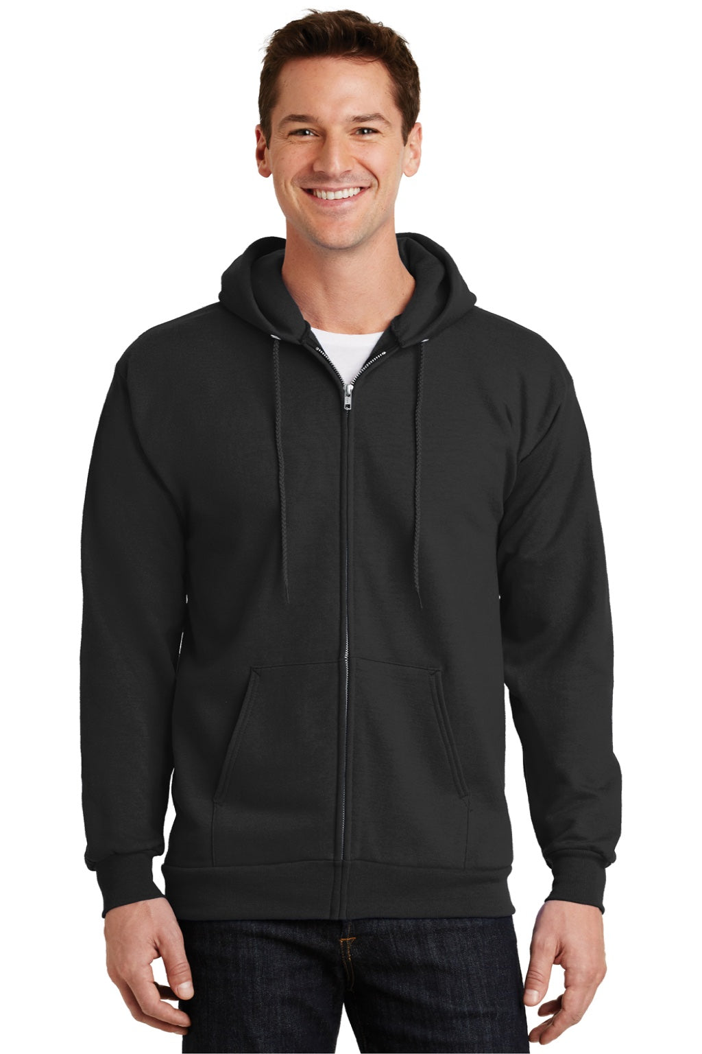 Port & Company PC90ZH/PC90ZHT Mens Essential Pill Resistant Fleece Full Zip Hooded Sweatshirt Hoodie w/ Pockets Jet Black Model Front
