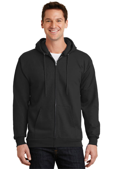 Port & Company PC90ZH/PC90ZHT Mens Essential Pill Resistant Fleece Full Zip Hooded Sweatshirt Hoodie w/ Pockets Jet Black Model Front
