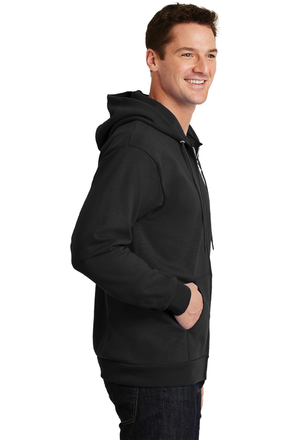 Port & Company PC90ZH/PC90ZHT Mens Essential Pill Resistant Fleece Full Zip Hooded Sweatshirt Hoodie w/ Pockets Jet Black Model Side
