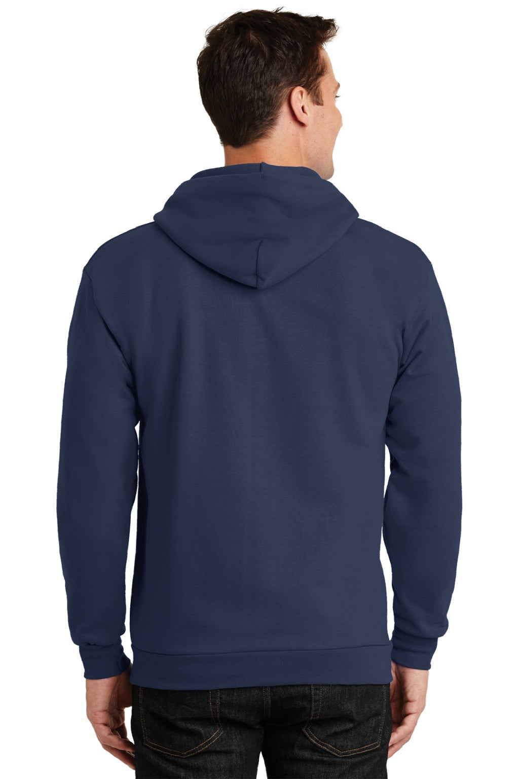 Port & Company PC90ZH/PC90ZHT Mens Essential Pill Resistant Fleece Full Zip Hooded Sweatshirt Hoodie w/ Pockets Navy Blue Model Back