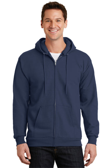Port & Company PC90ZH/PC90ZHT Mens Essential Pill Resistant Fleece Full Zip Hooded Sweatshirt Hoodie w/ Pockets Navy Blue Model Front