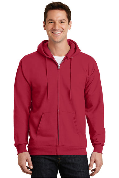 Port & Company PC90ZH/PC90ZHT Mens Essential Pill Resistant Fleece Full Zip Hooded Sweatshirt Hoodie w/ Pockets Red Model Front