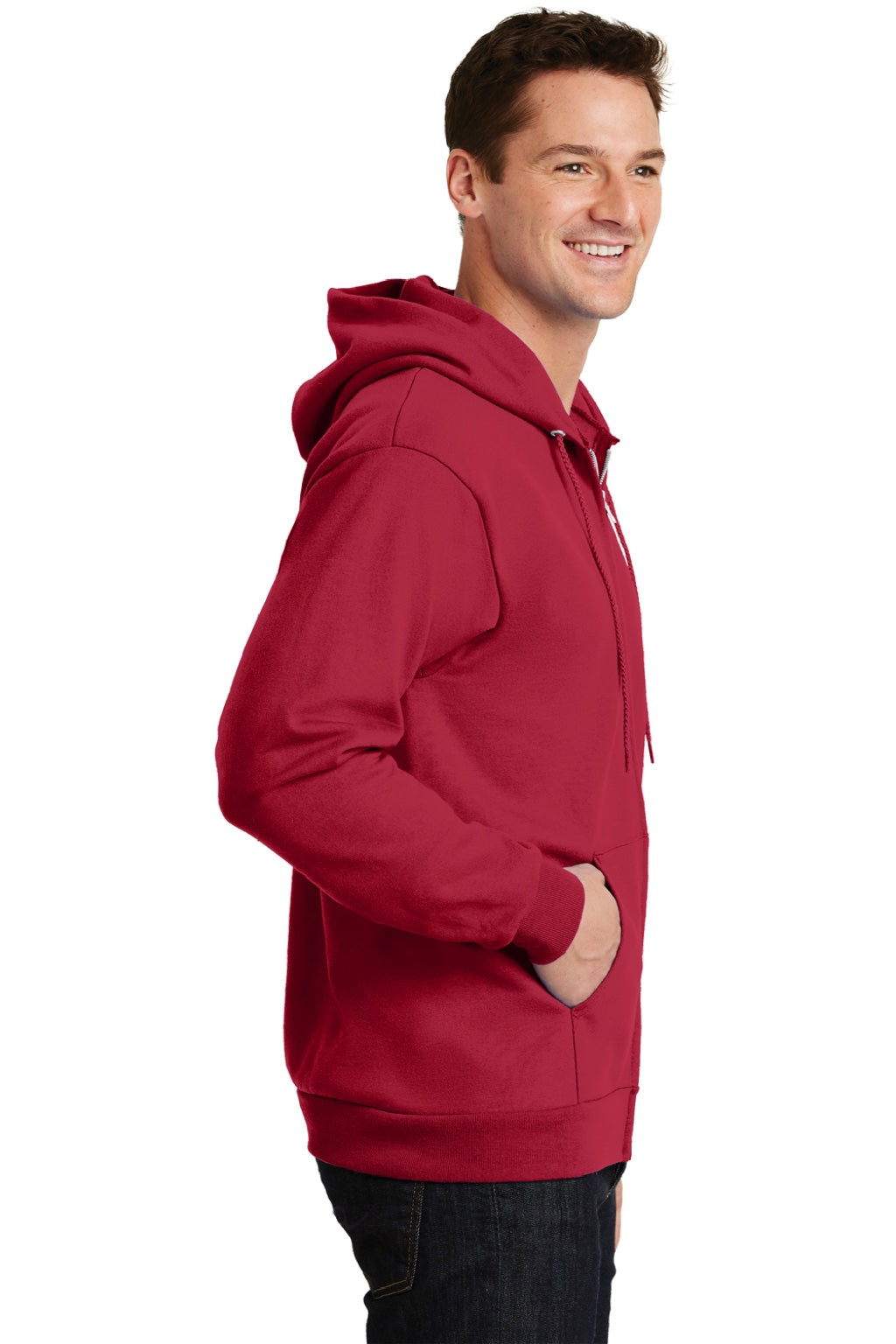 Port & Company PC90ZH/PC90ZHT Mens Essential Pill Resistant Fleece Full Zip Hooded Sweatshirt Hoodie w/ Pockets Red Model Side