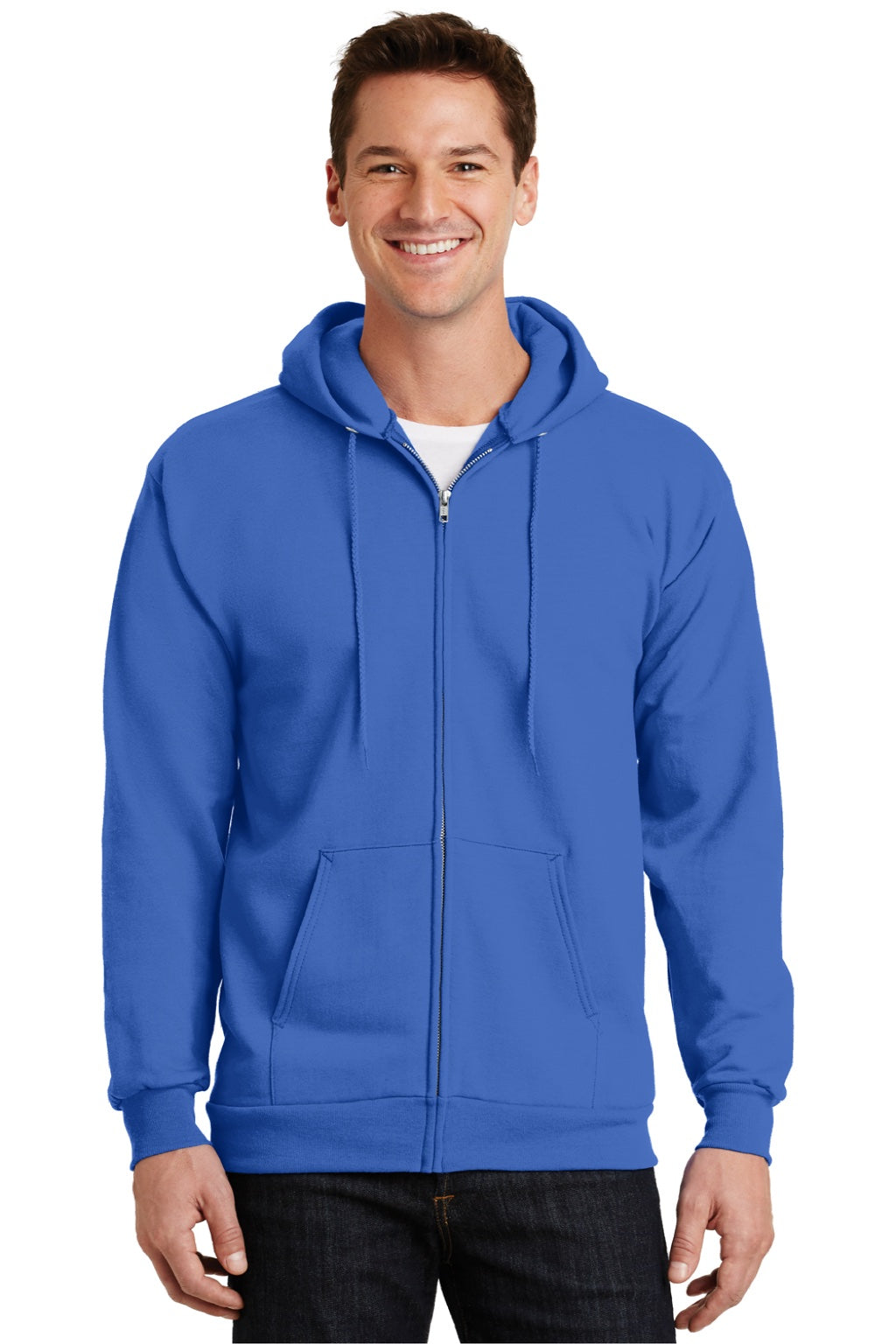 Port & Company PC90ZH/PC90ZHT Mens Essential Pill Resistant Fleece Full Zip Hooded Sweatshirt Hoodie w/ Pockets Royal Blue Model Front