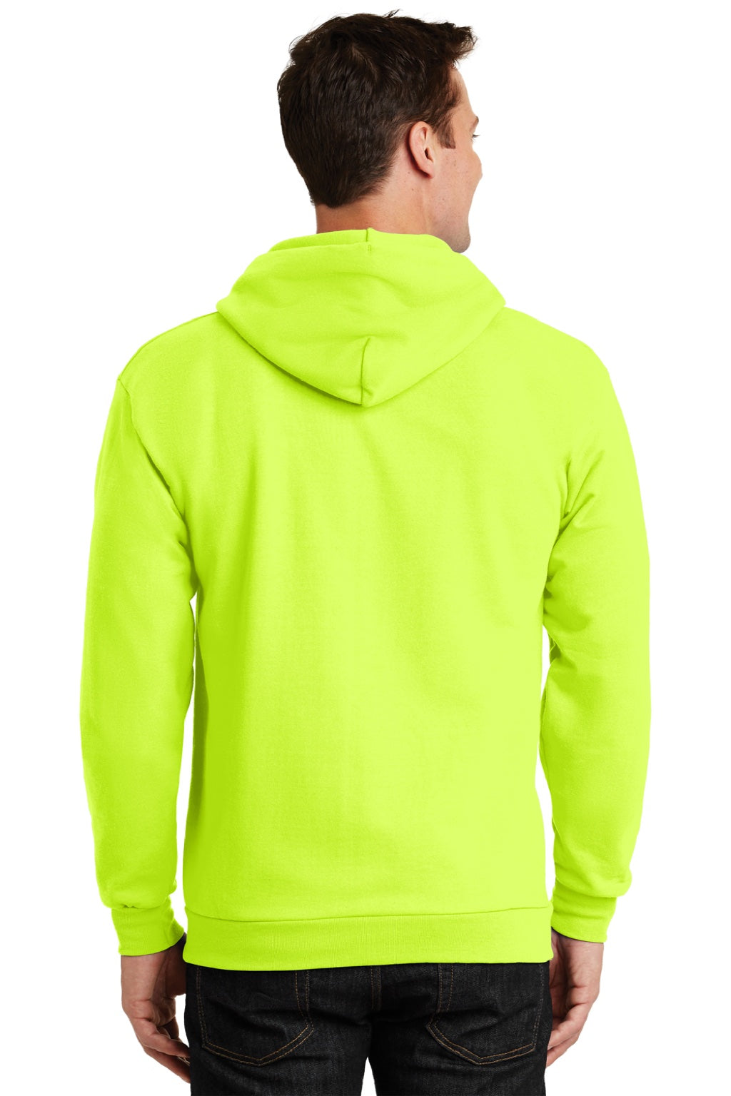 Port & Company PC90ZH/PC90ZHT Mens Essential Pill Resistant Fleece Full Zip Hooded Sweatshirt Hoodie w/ Pockets Safety Green Model Back