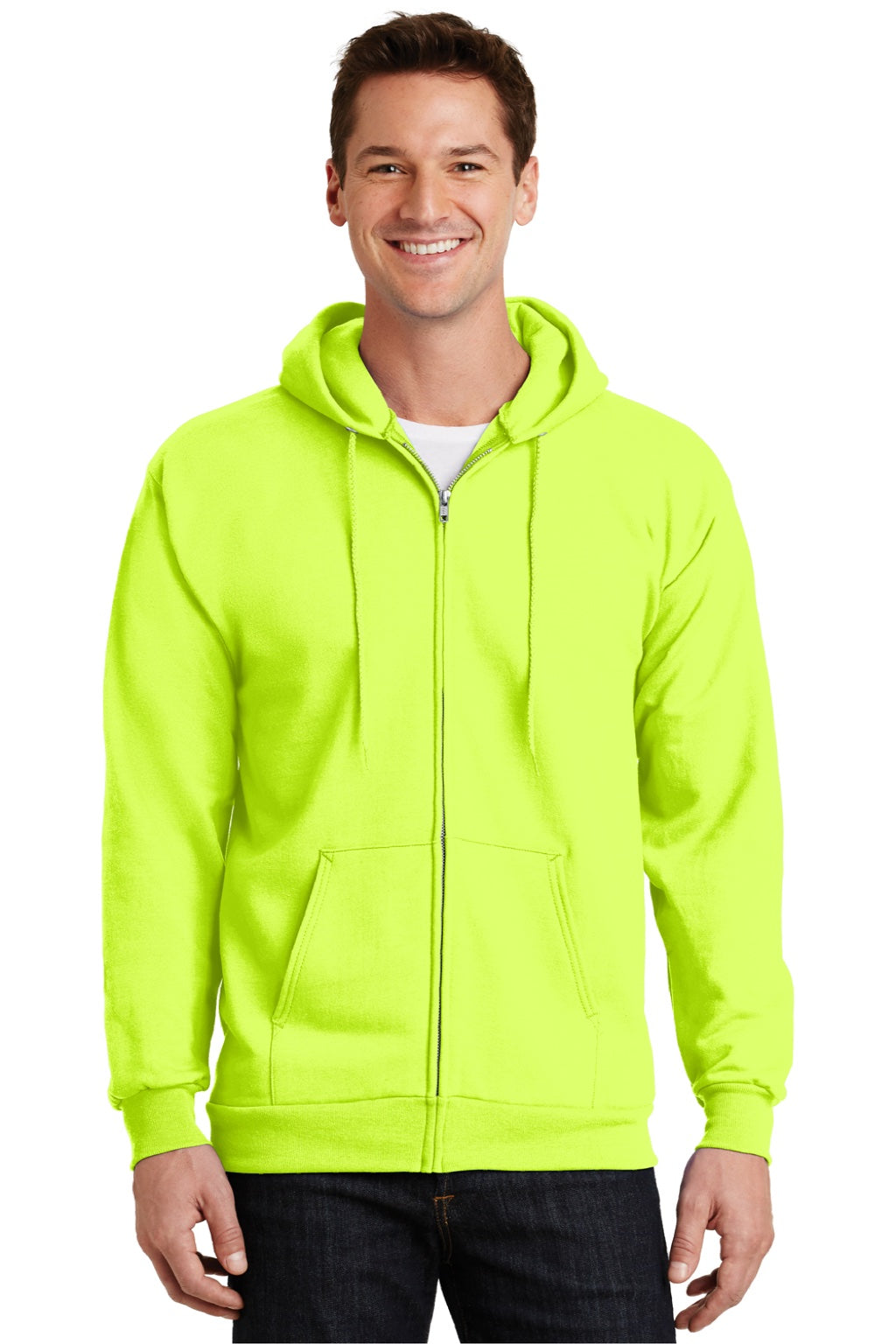 Port & Company PC90ZH/PC90ZHT Mens Essential Pill Resistant Fleece Full Zip Hooded Sweatshirt Hoodie w/ Pockets Safety Green Model Front