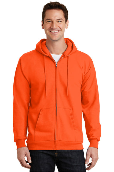 Port & Company PC90ZH/PC90ZHT Mens Essential Pill Resistant Fleece Full Zip Hooded Sweatshirt Hoodie w/ Pockets Safety Orange Model Front