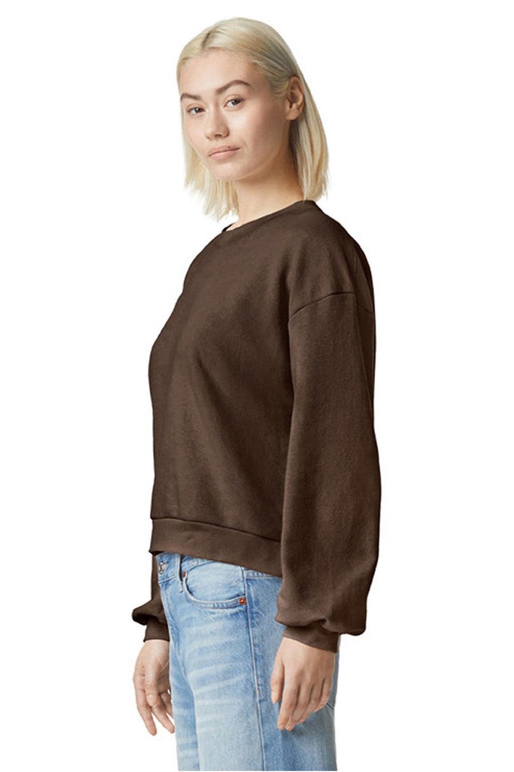 American Apparel RF494 Womens ReFlex Fleece Crewneck Sweatshirt Brown Model Back