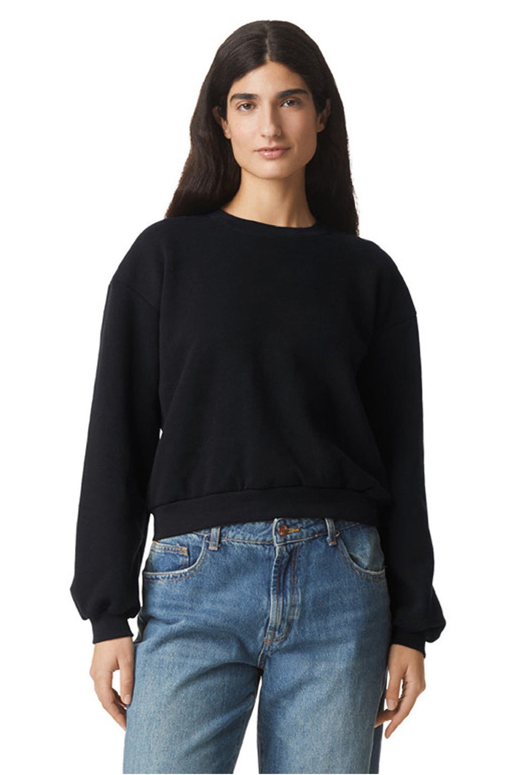 American Apparel RF494 Womens ReFlex Fleece Crewneck Sweatshirt Black Model Front