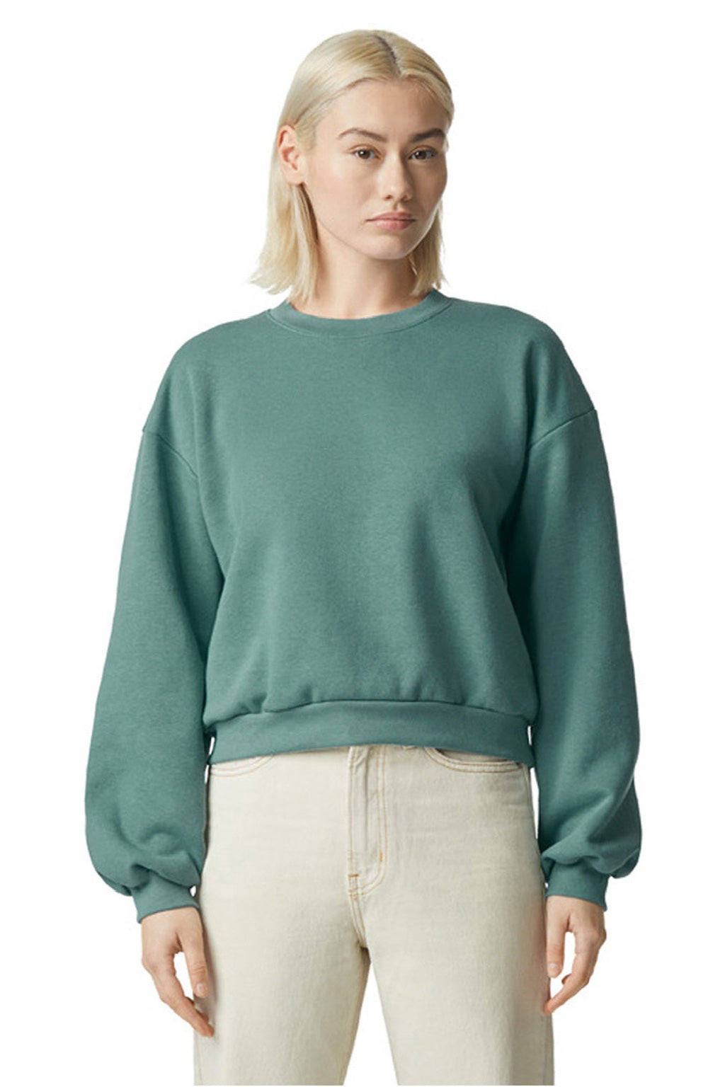 American Apparel RF494 Womens ReFlex Fleece Crewneck Sweatshirt Arctic Green Model Front