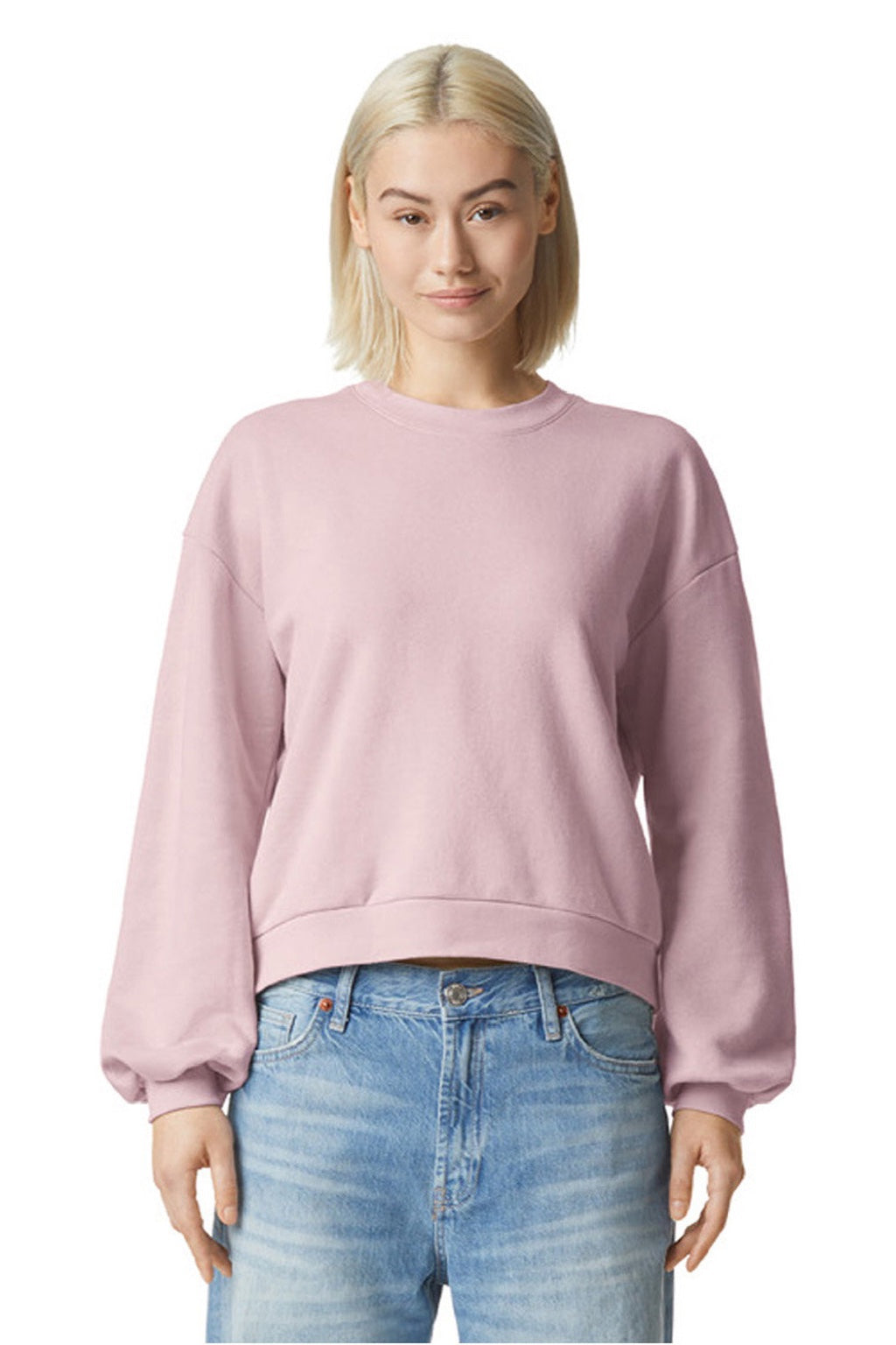 American Apparel RF494 Womens ReFlex Fleece Crewneck Sweatshirt Blush Pink Model Front