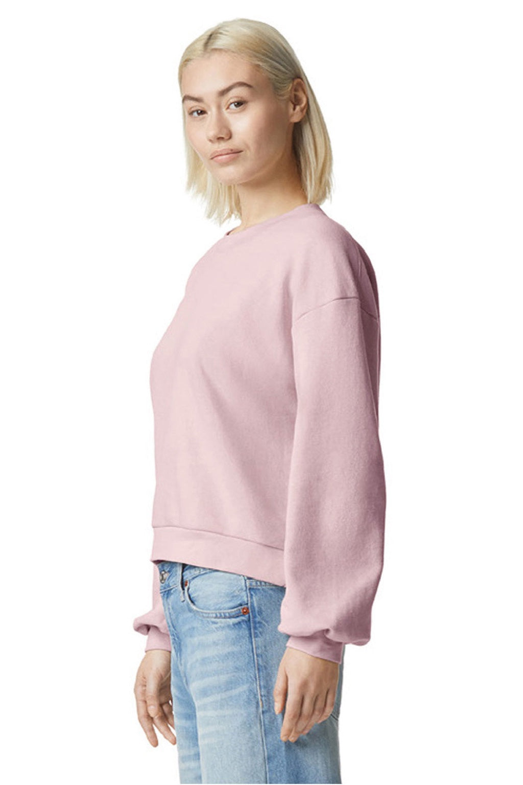 American Apparel RF494 Womens ReFlex Fleece Crewneck Sweatshirt Blush Pink Model Side