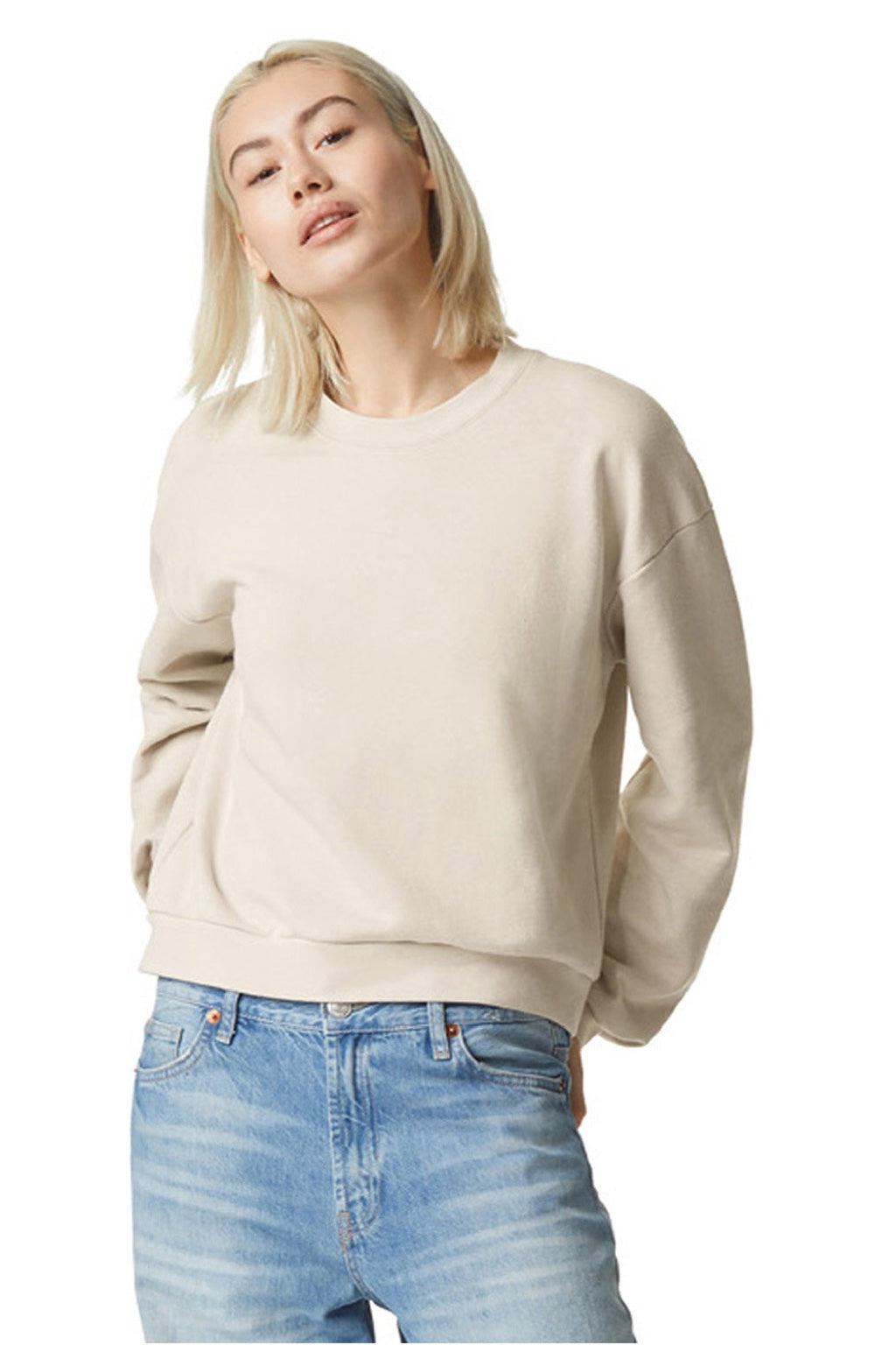 American Apparel RF494 Womens ReFlex Fleece Crewneck Sweatshirt Bone Model Front