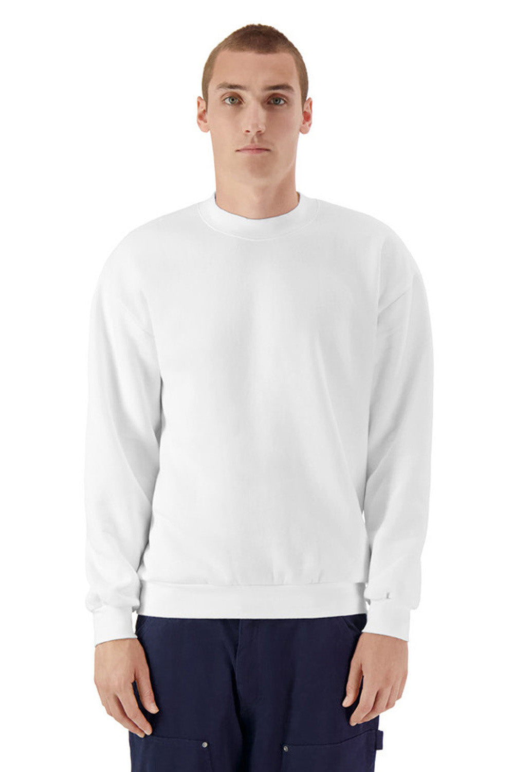 American Apparel RF496 Mens ReFlex Fleece Crewneck Sweatshirt White Model Front