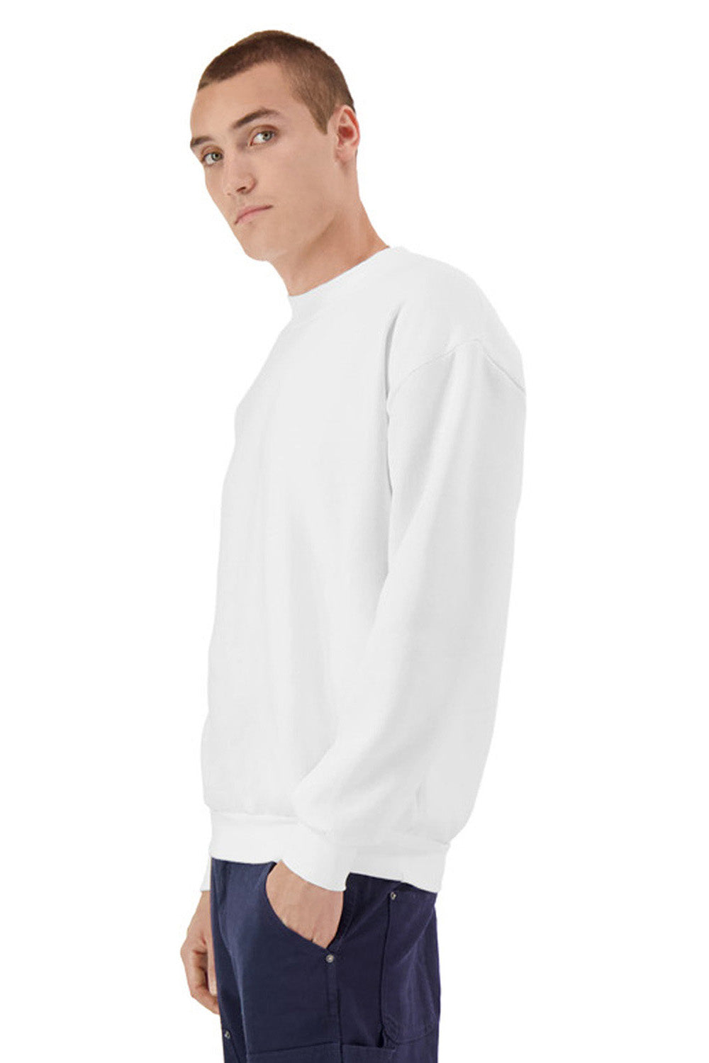 American Apparel RF496 Mens ReFlex Fleece Crewneck Sweatshirt White Model Side