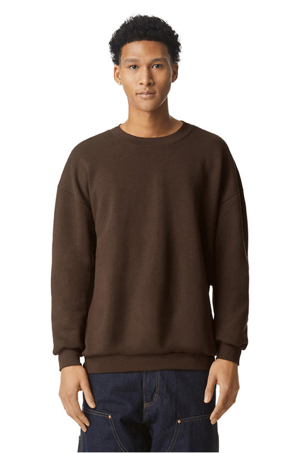American Apparel RF496 Mens ReFlex Fleece Crewneck Sweatshirt Brown Model Front