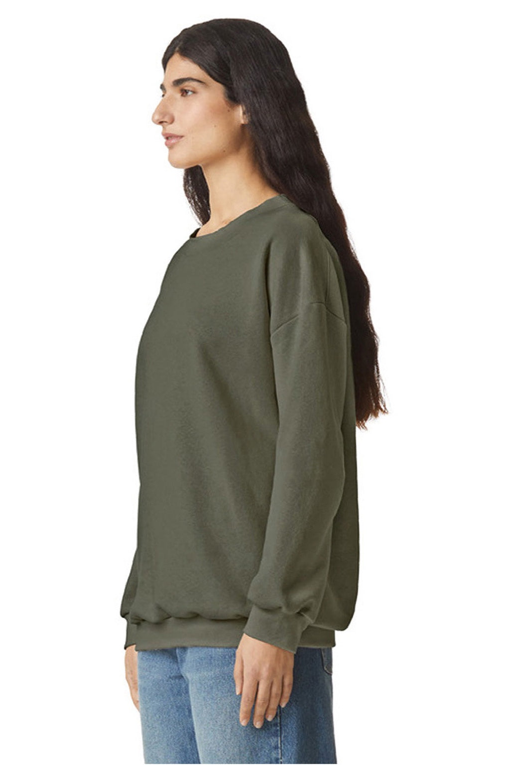 American Apparel RF496 Mens ReFlex Fleece Crewneck Sweatshirt Lieutenant Green Model Side