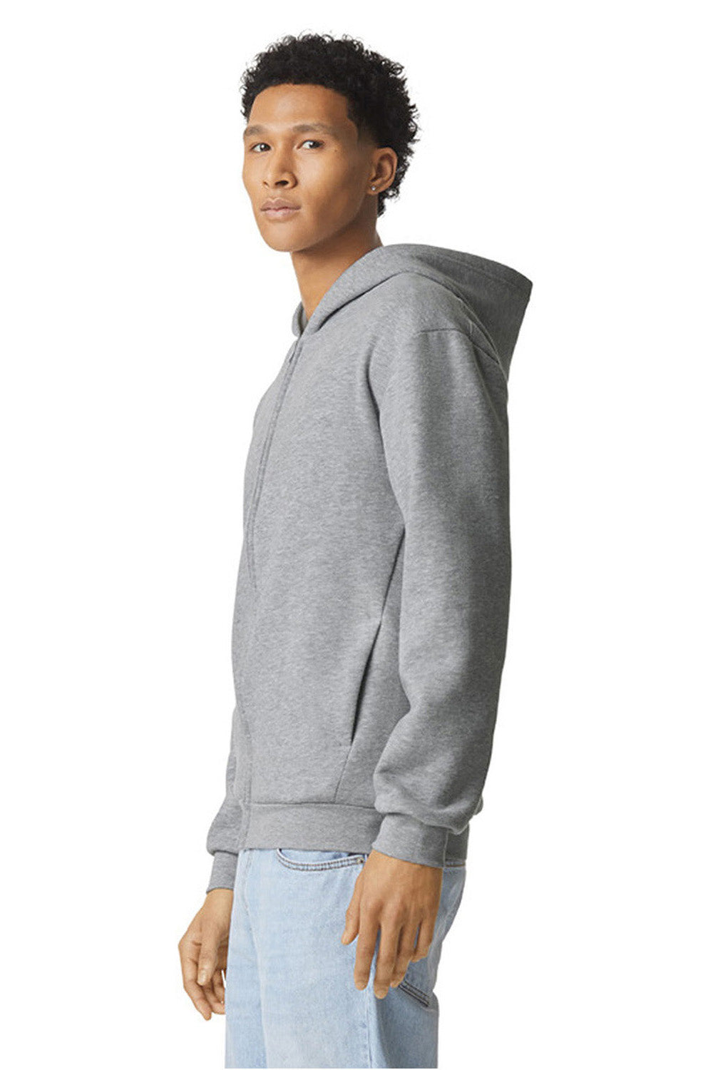 American Apparel RF497 Mens ReFlex Fleece Full Zip Hooded Sweatshirt Hoodie Heather Grey Model Side