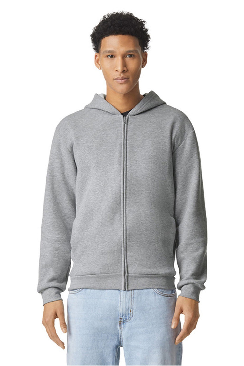 American Apparel RF497 Mens ReFlex Fleece Full Zip Hooded Sweatshirt Hoodie w/ Pockets Heather Grey Model Front