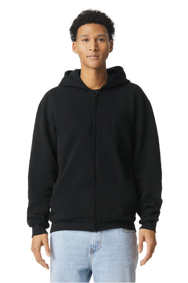 American Apparel RF497 Mens ReFlex Fleece Full Zip Hooded Sweatshirt Hoodie w/ Pockets Black Model Front