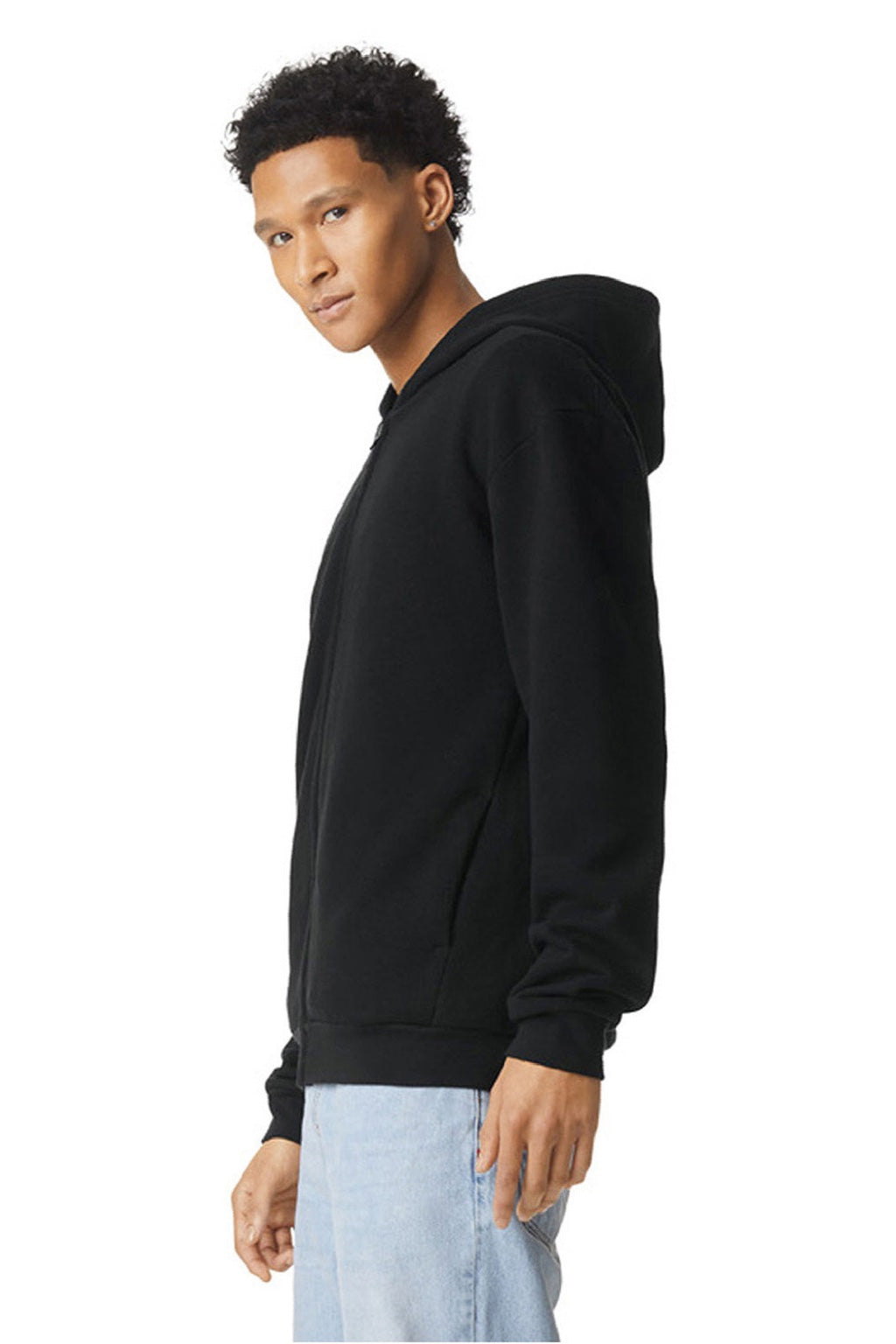 American Apparel RF497 Mens ReFlex Fleece Full Zip Hooded Sweatshirt Hoodie w/ Pockets Black Model Side