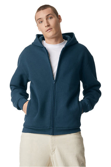 American Apparel RF497 Mens ReFlex Fleece Full Zip Hooded Sweatshirt Hoodie w/ Pockets Sea Blue Model Front