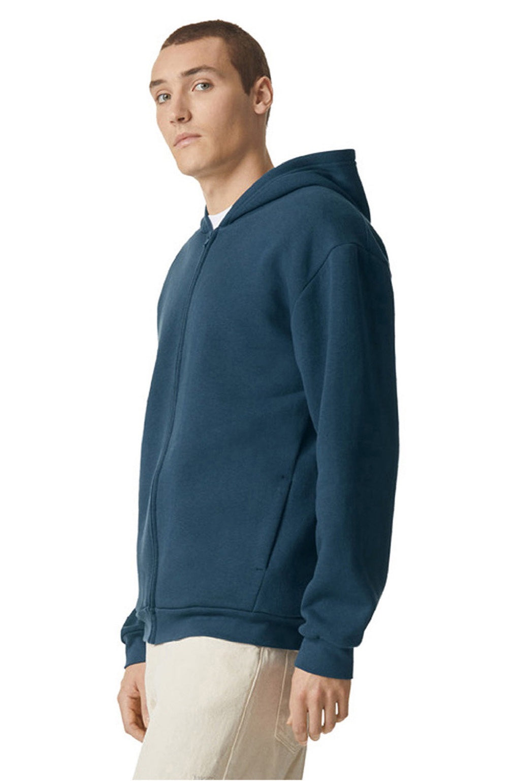 American Apparel RF497 Mens ReFlex Fleece Full Zip Hooded Sweatshirt Hoodie w/ Pockets Sea Blue Model Side