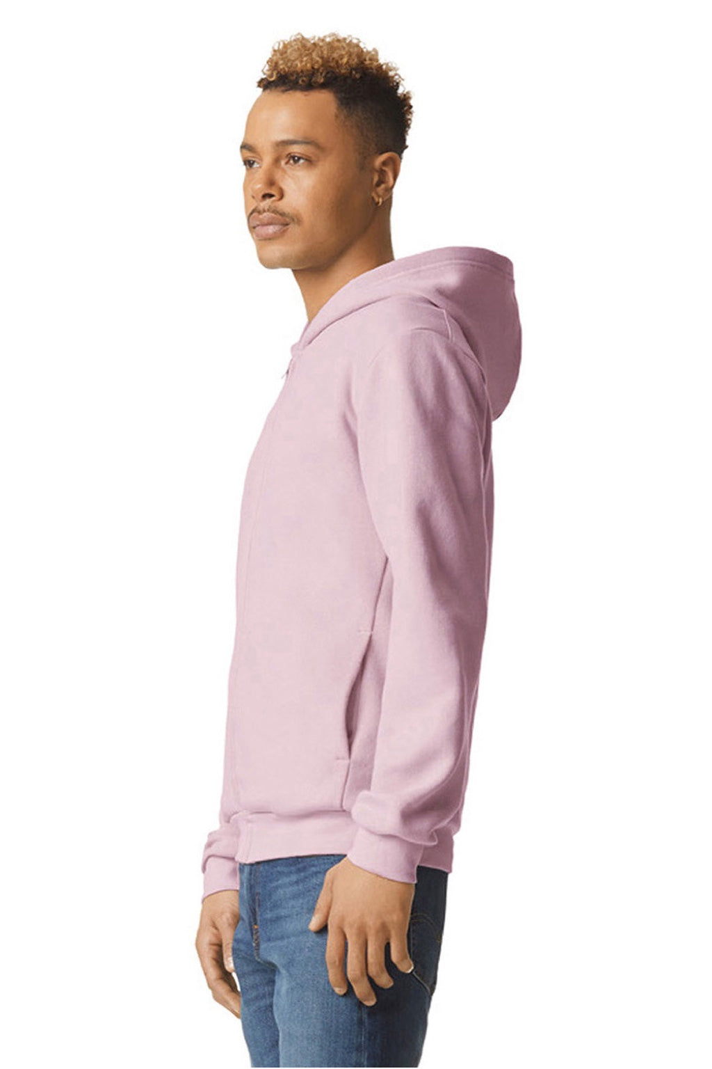 American Apparel RF497 Mens ReFlex Fleece Full Zip Hooded Sweatshirt Hoodie w/ Pockets Blush Pink Model Side