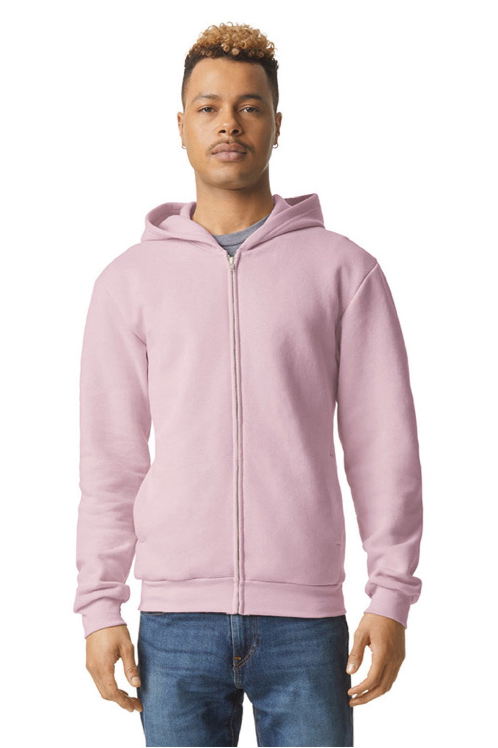 American Apparel RF497 Mens ReFlex Fleece Full Zip Hooded Sweatshirt Hoodie w/ Pockets Blush Pink Model Front