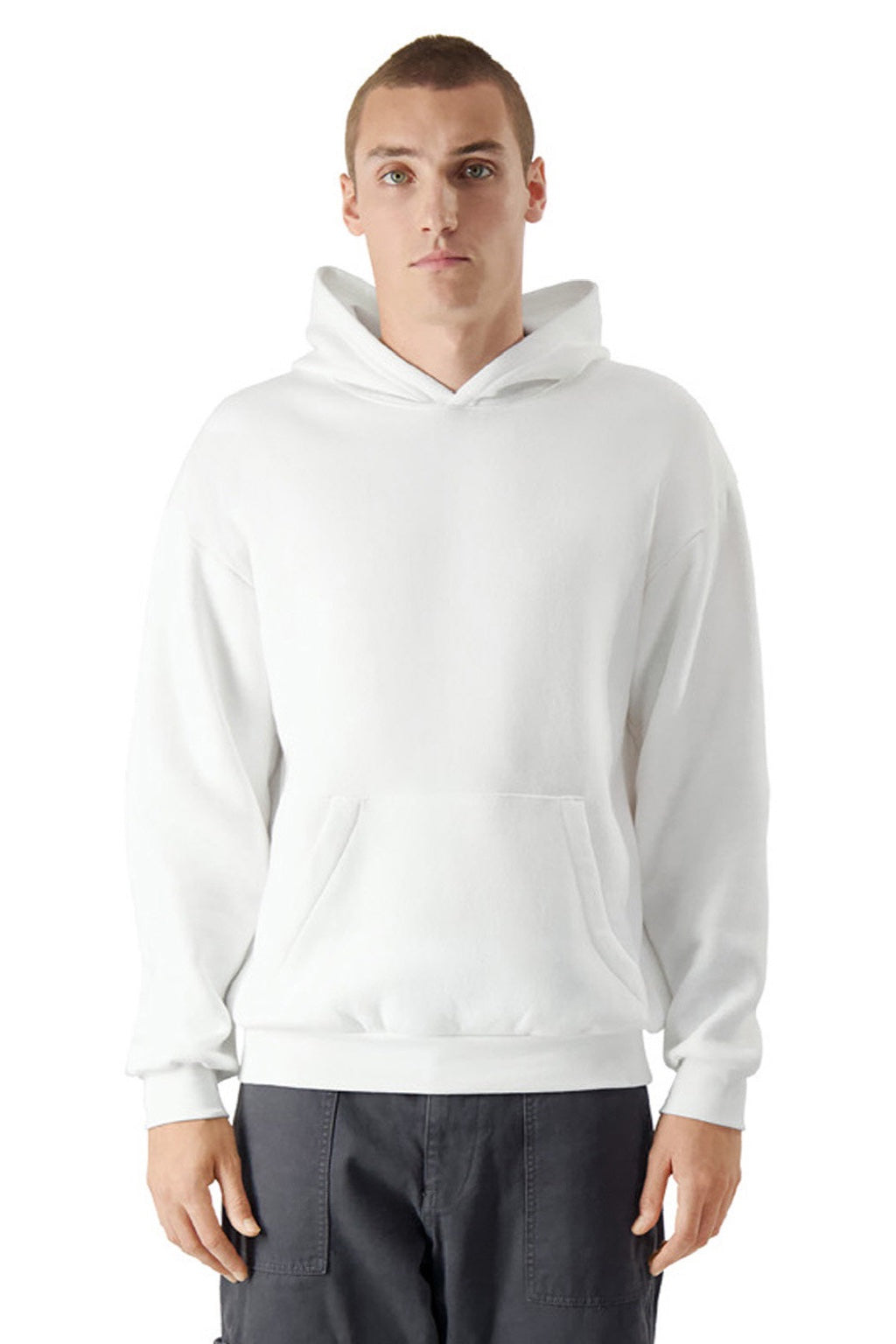 American Apparel RF498 Mens ReFlex Fleece Hooded Sweatshirt Hoodie w/ Pouch Pocket White Model Front