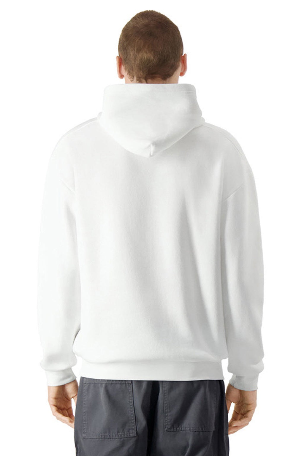American Apparel RF498 Mens ReFlex Fleece Hooded Sweatshirt Hoodie w/ Pouch Pocket White Model Back