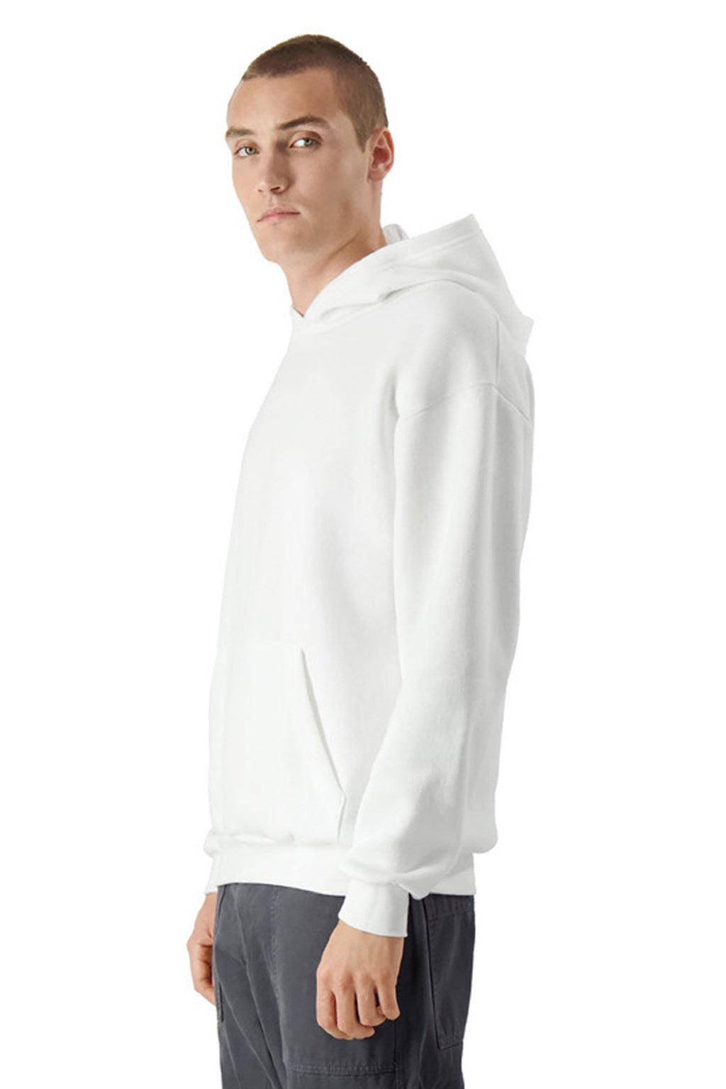 American Apparel RF498 Mens ReFlex Fleece Hooded Sweatshirt Hoodie w/ Pouch Pocket White Model Side