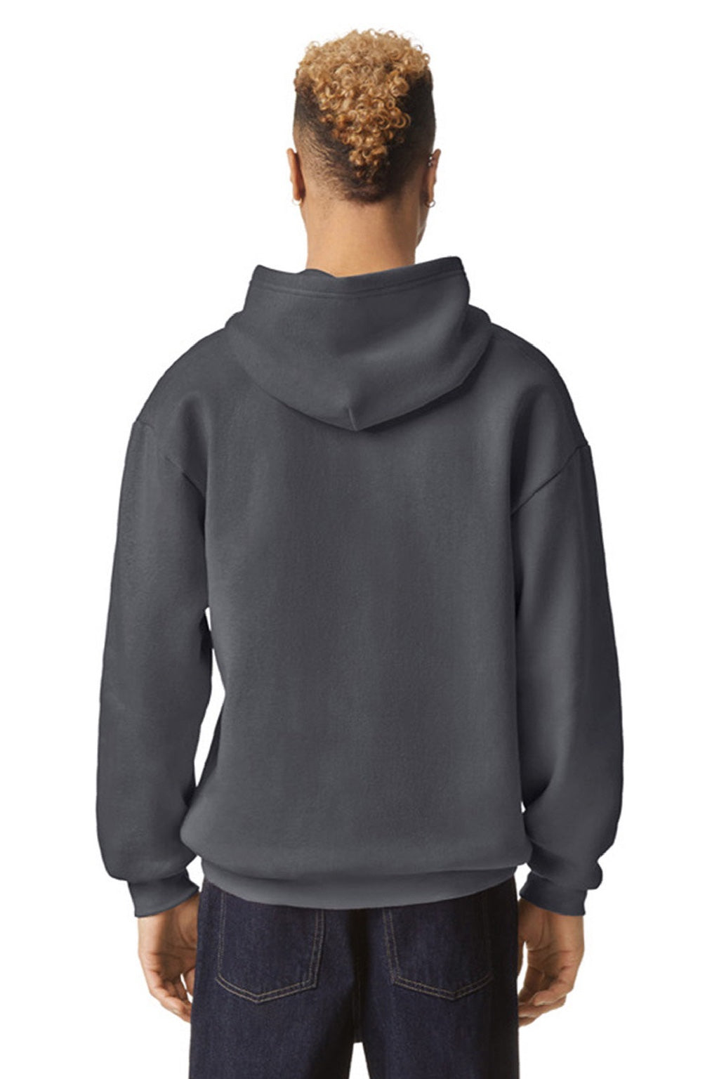 American Apparel RF498 Mens ReFlex Fleece Hooded Sweatshirt Hoodie w/ Pouch Pocket Asphalt Grey Model Back