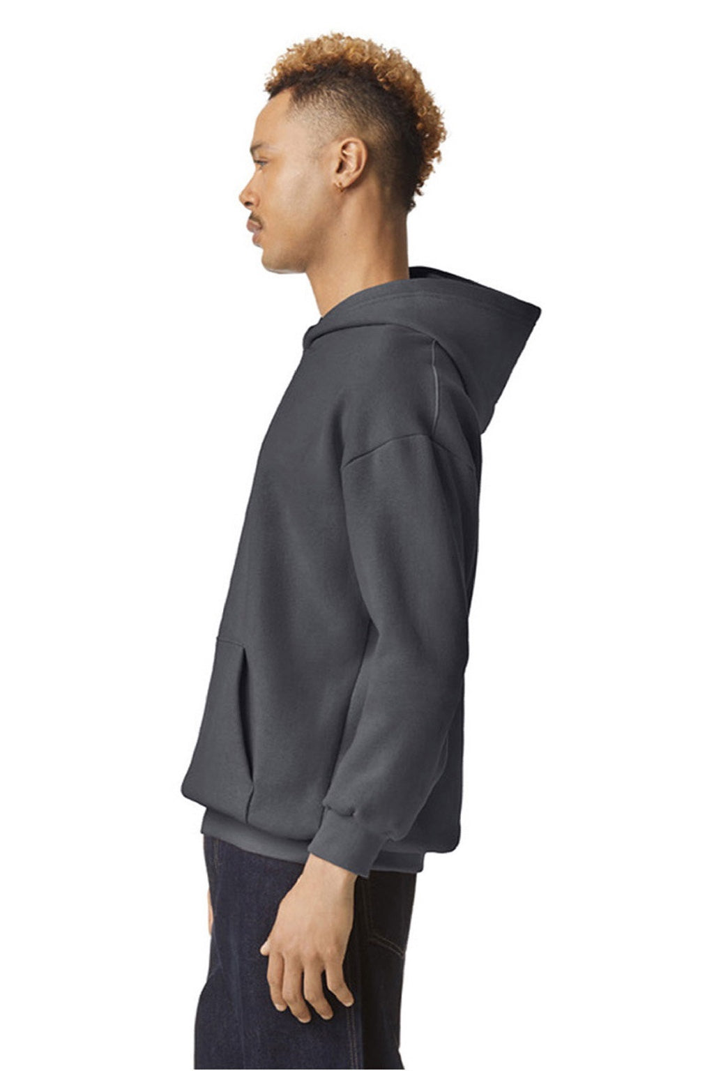 American Apparel RF498 Mens ReFlex Fleece Hooded Sweatshirt Hoodie w/ Pouch Pocket Asphalt Grey Model Side
