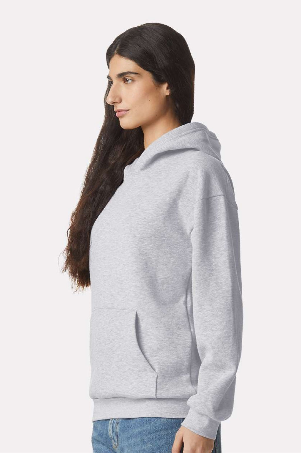 American Apparel RF498 Mens ReFlex Fleece Hooded Sweatshirt Hoodie w/ Pouch Pocket Heather Grey Model Side