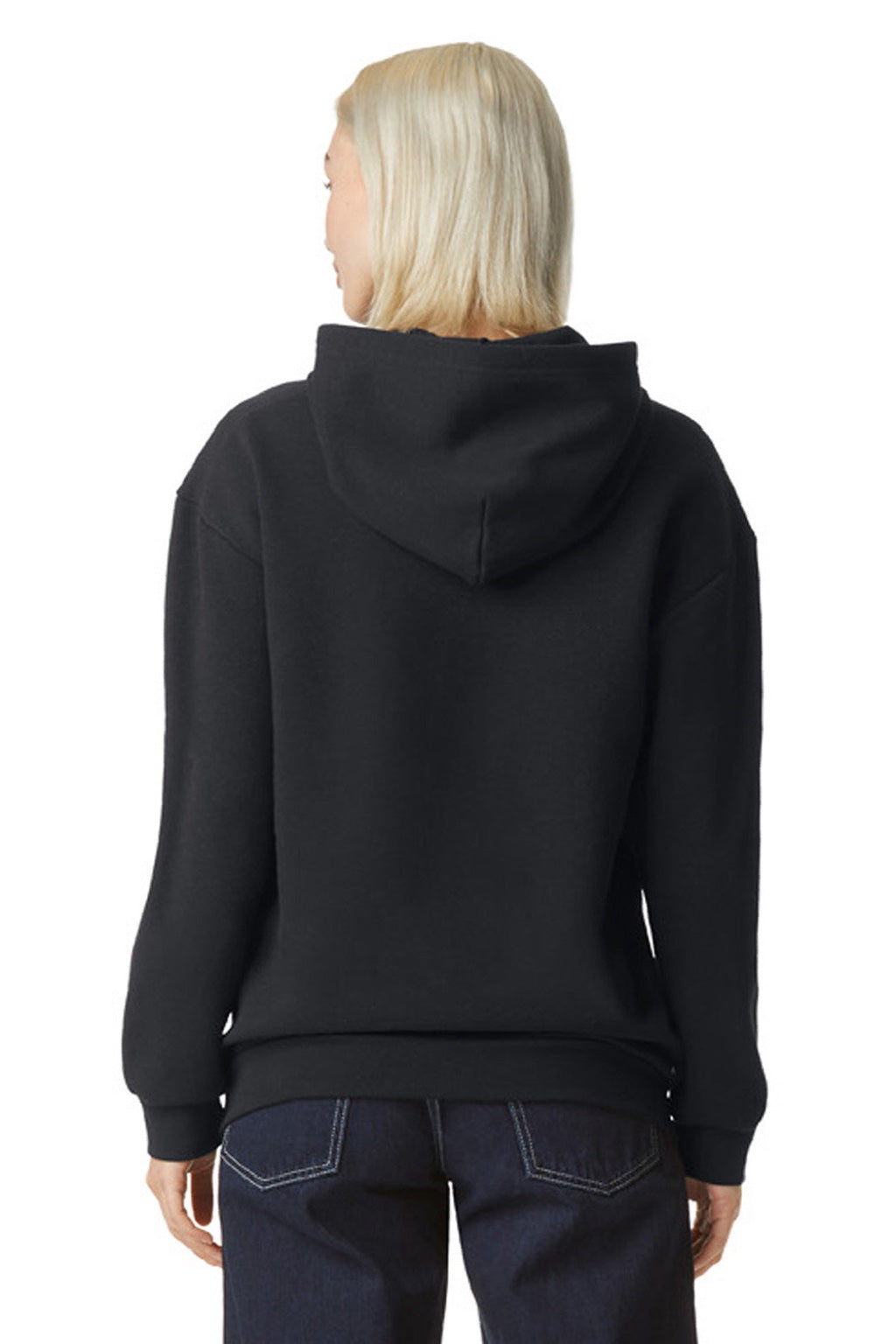 American Apparel RF498 Mens ReFlex Fleece Hooded Sweatshirt Hoodie w/ Pouch Pocket Black Model Back
