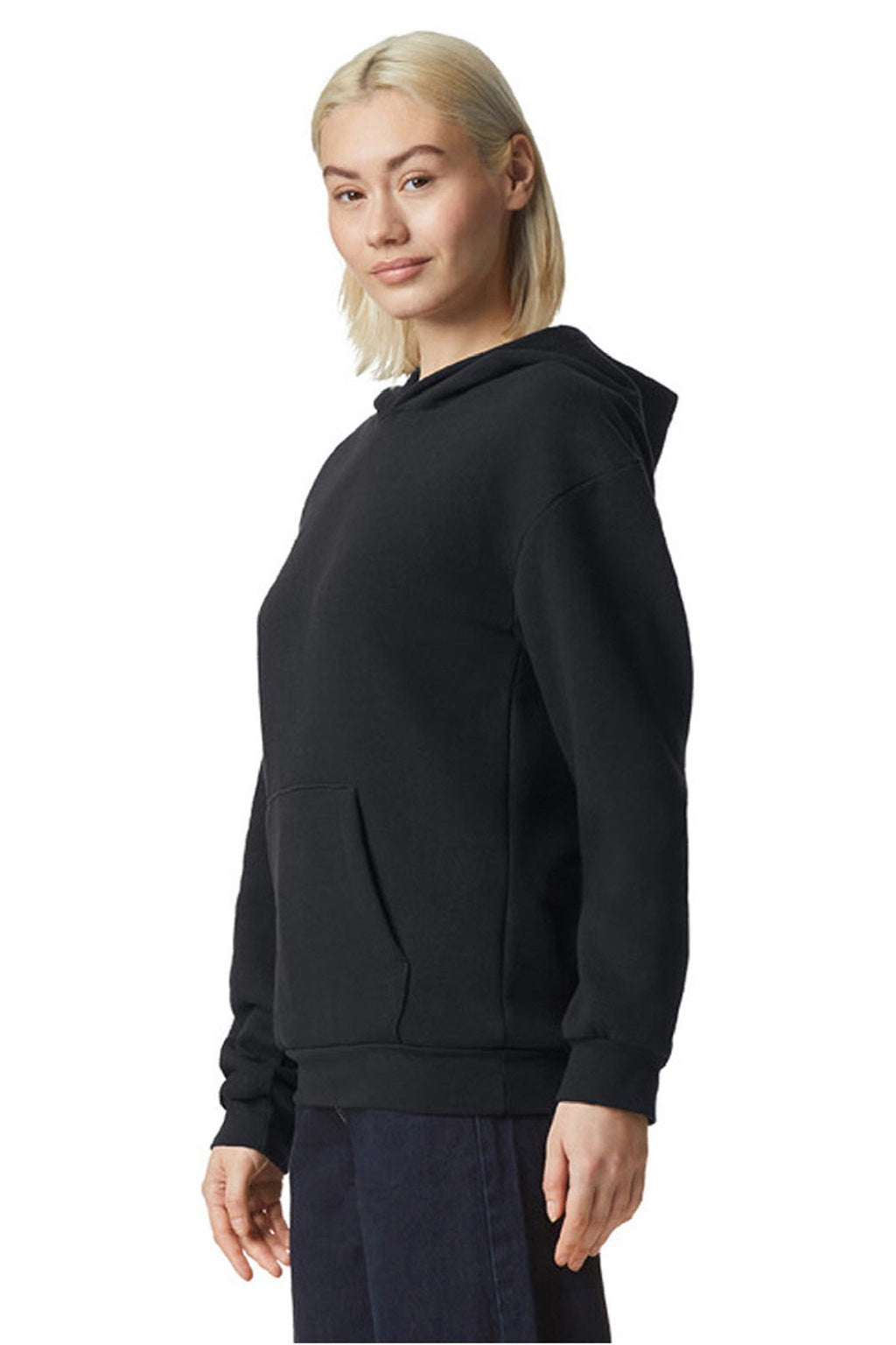 American Apparel RF498 Mens ReFlex Fleece Hooded Sweatshirt Hoodie w/ Pouch Pocket Black Model Side