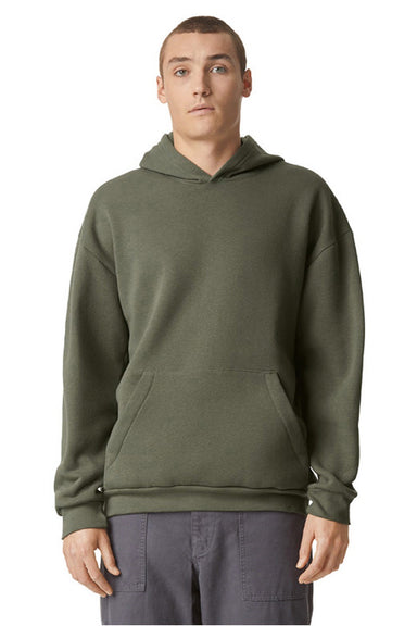 American Apparel RF498 Mens ReFlex Fleece Hooded Sweatshirt Hoodie w/ Pouch Pocket Lieutenant Green Model Front