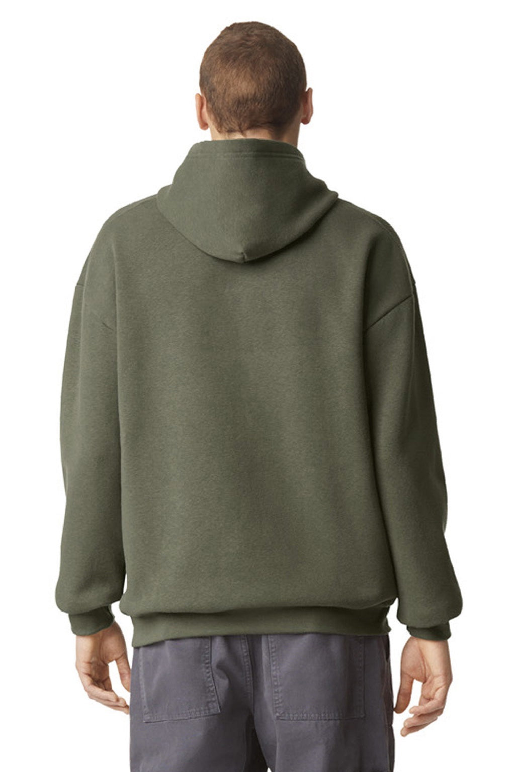 American Apparel RF498 Mens ReFlex Fleece Hooded Sweatshirt Hoodie w/ Pouch Pocket Lieutenant Green Model Back