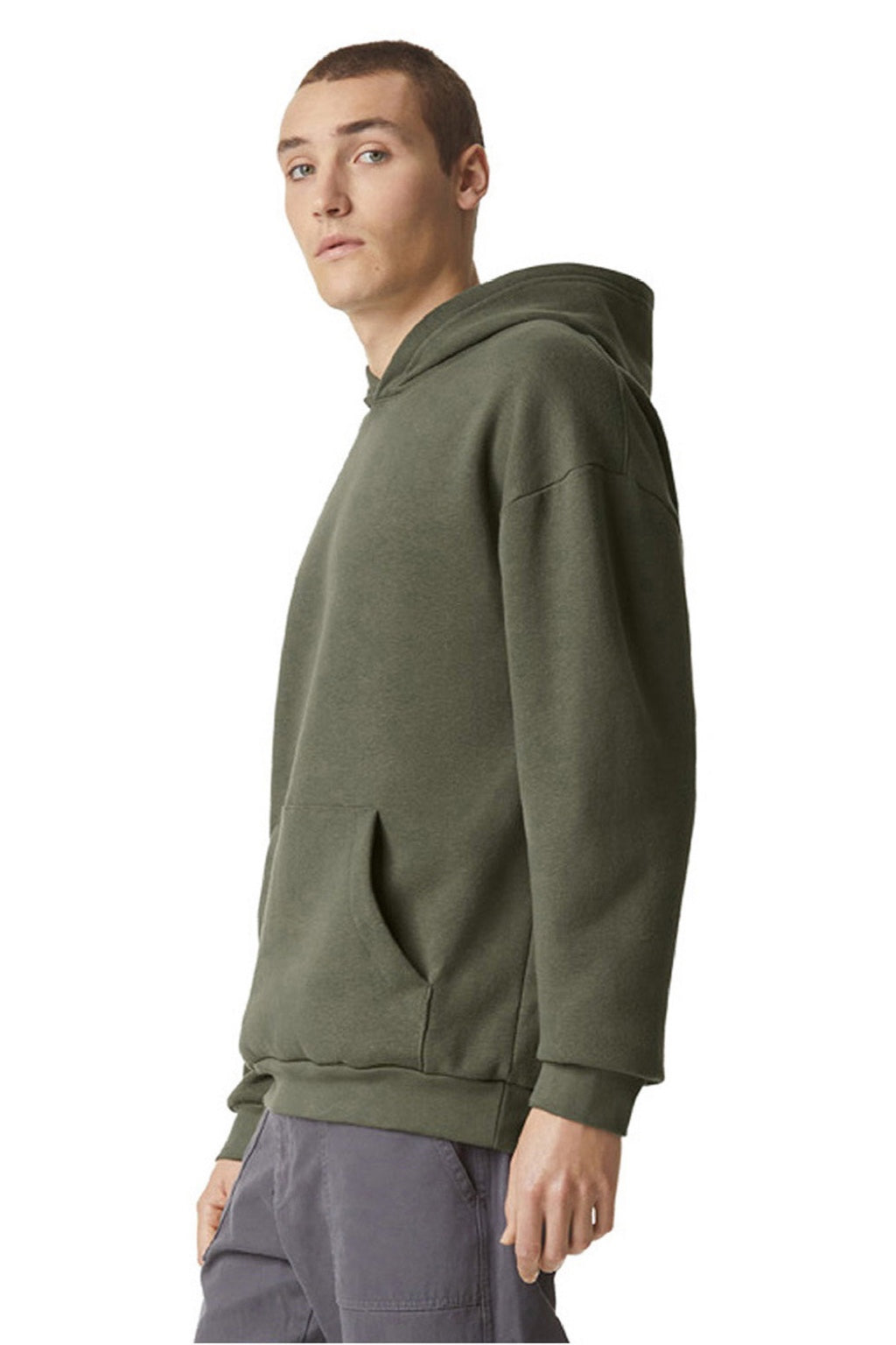 American Apparel RF498 Mens ReFlex Fleece Hooded Sweatshirt Hoodie w/ Pouch Pocket Lieutenant Green Model Side