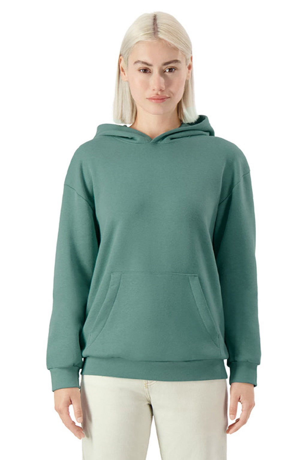 American Apparel RF498 Mens ReFlex Fleece Hooded Sweatshirt Hoodie w/ Pouch Pocket Arctic Green Model Front