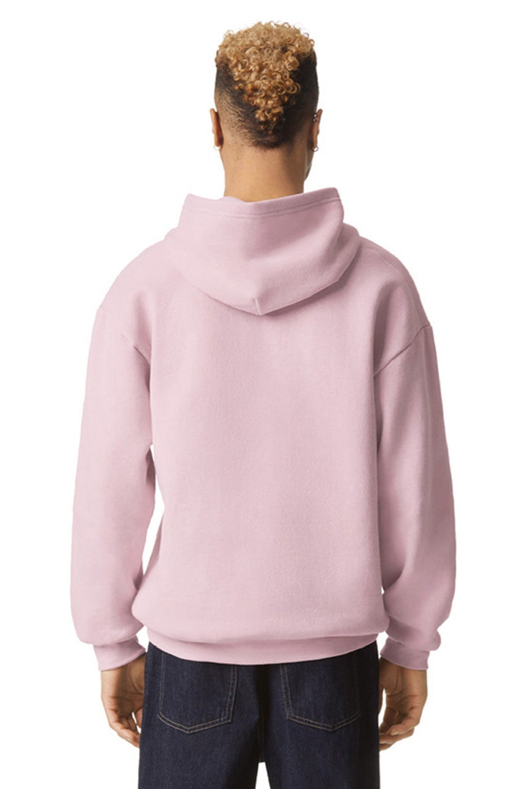 American Apparel RF498 Mens ReFlex Fleece Hooded Sweatshirt Hoodie w/ Pouch Pocket Blush Pink Model Back
