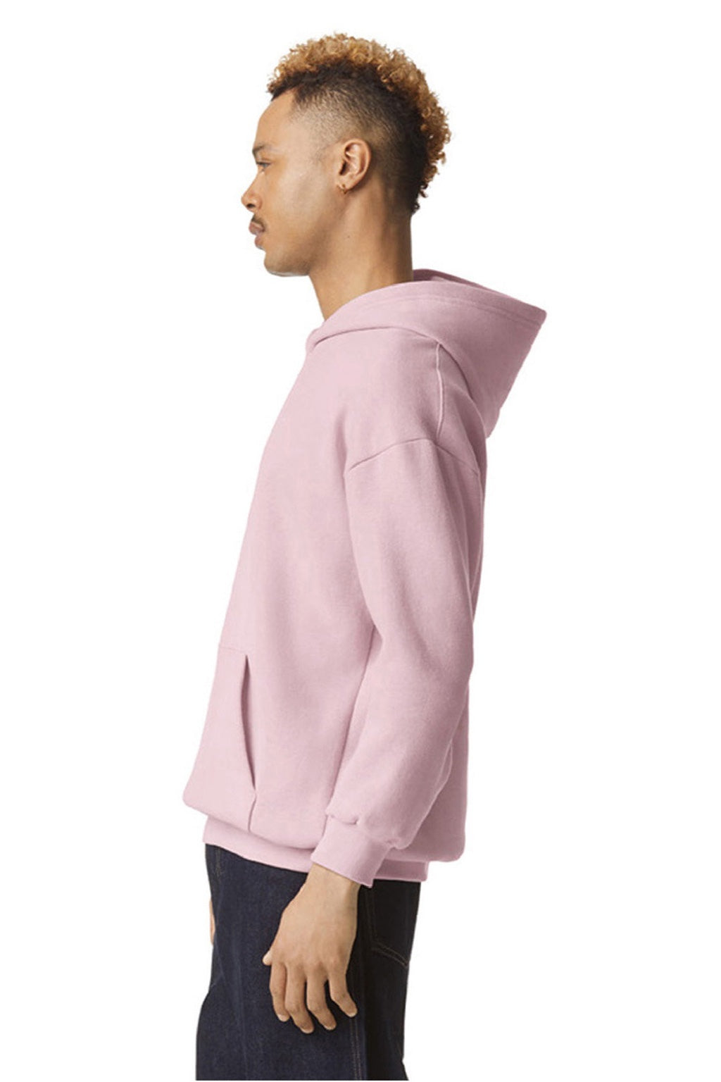 American Apparel RF498 Mens ReFlex Fleece Hooded Sweatshirt Hoodie w/ Pouch Pocket Blush Pink Model Side