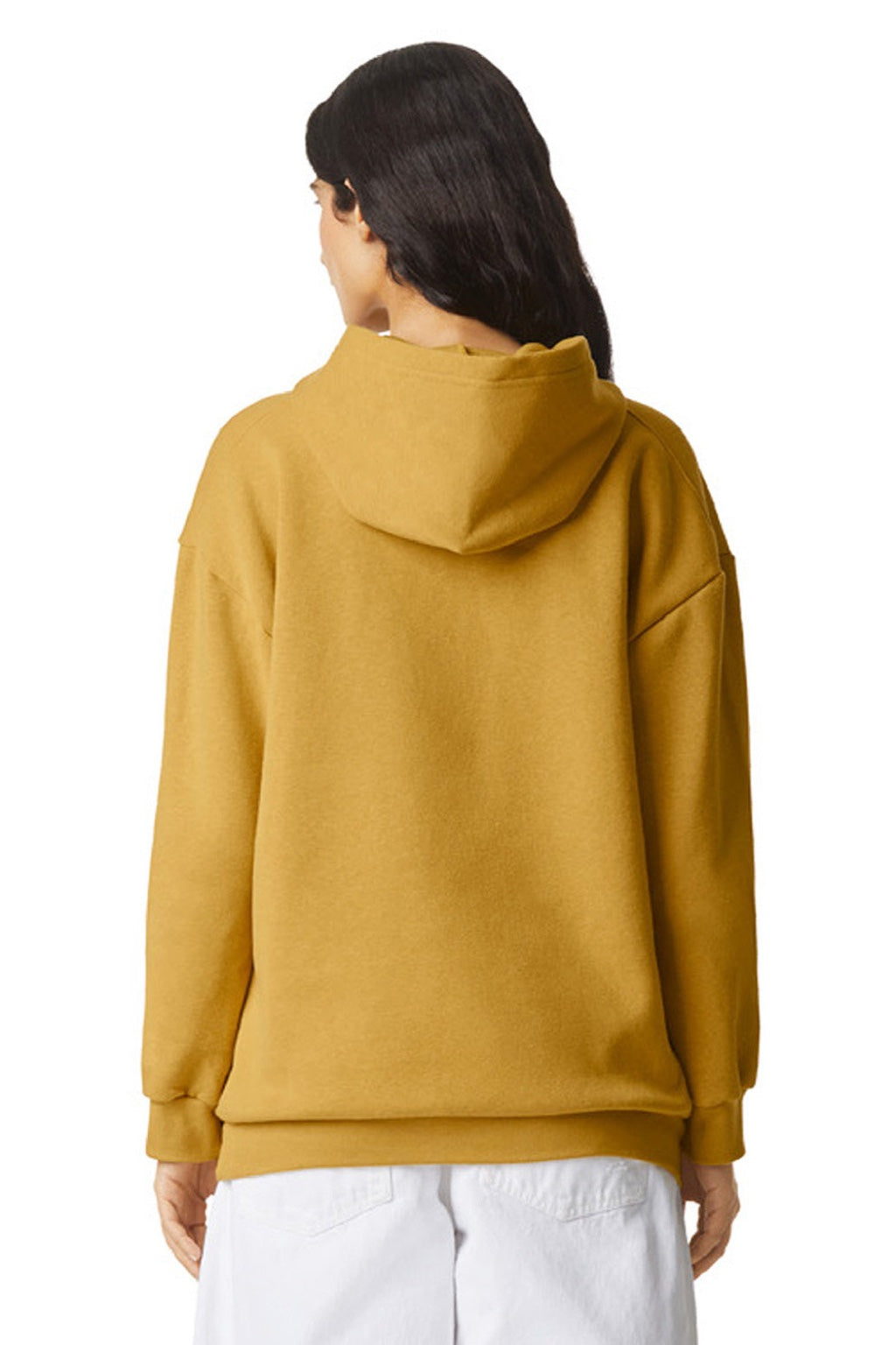 American Apparel RF498 Mens ReFlex Fleece Hooded Sweatshirt Hoodie w/ Pouch Pocket Mustard Model Back