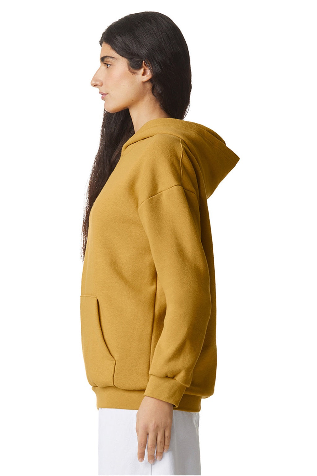 American Apparel RF498 Mens ReFlex Fleece Hooded Sweatshirt Hoodie w/ Pouch Pocket Mustard Model Side