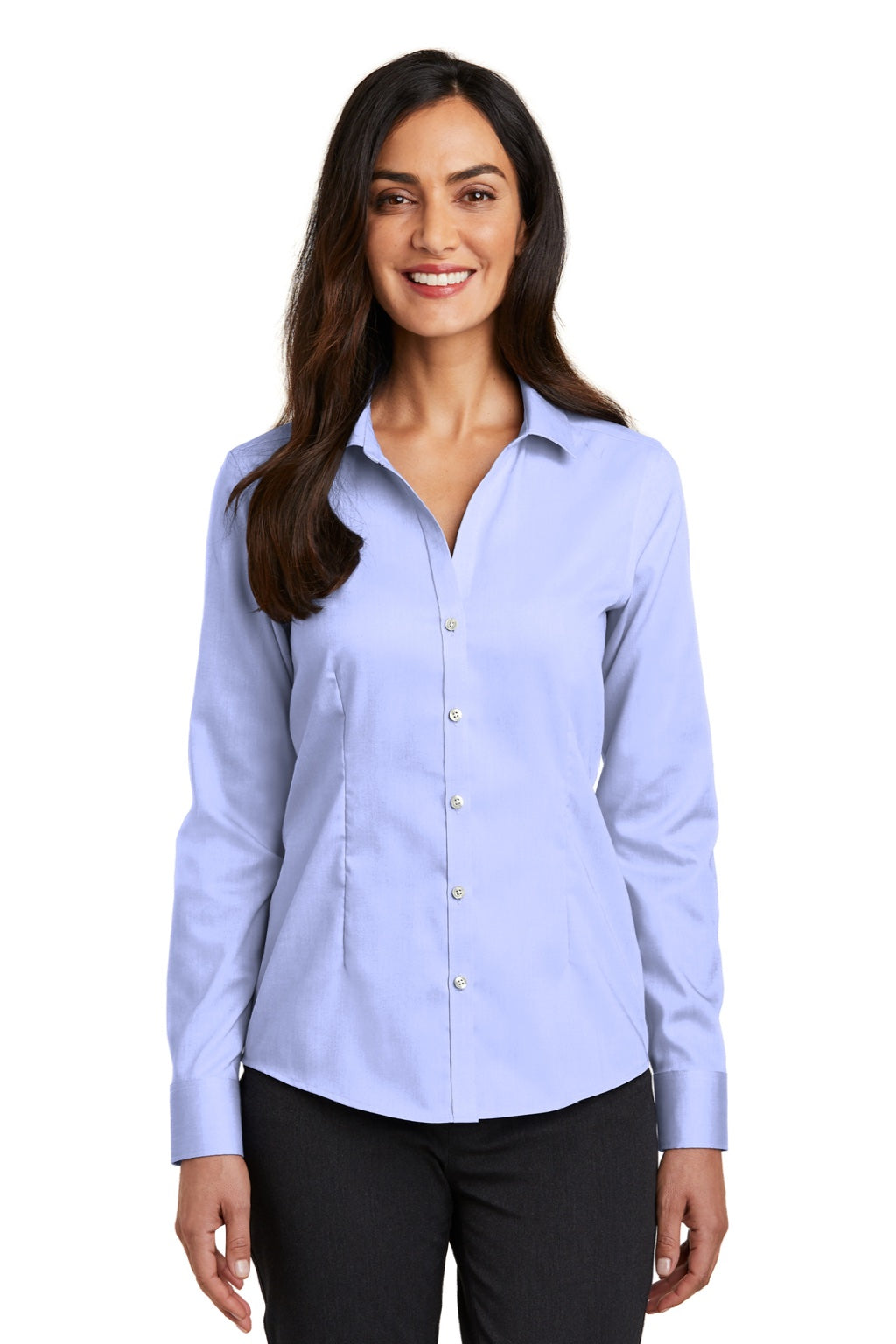 Red House RH250 Womens Pinpoint Oxford Wrinkle Resistant Long Sleeve Button Down Shirt Blue Model Front