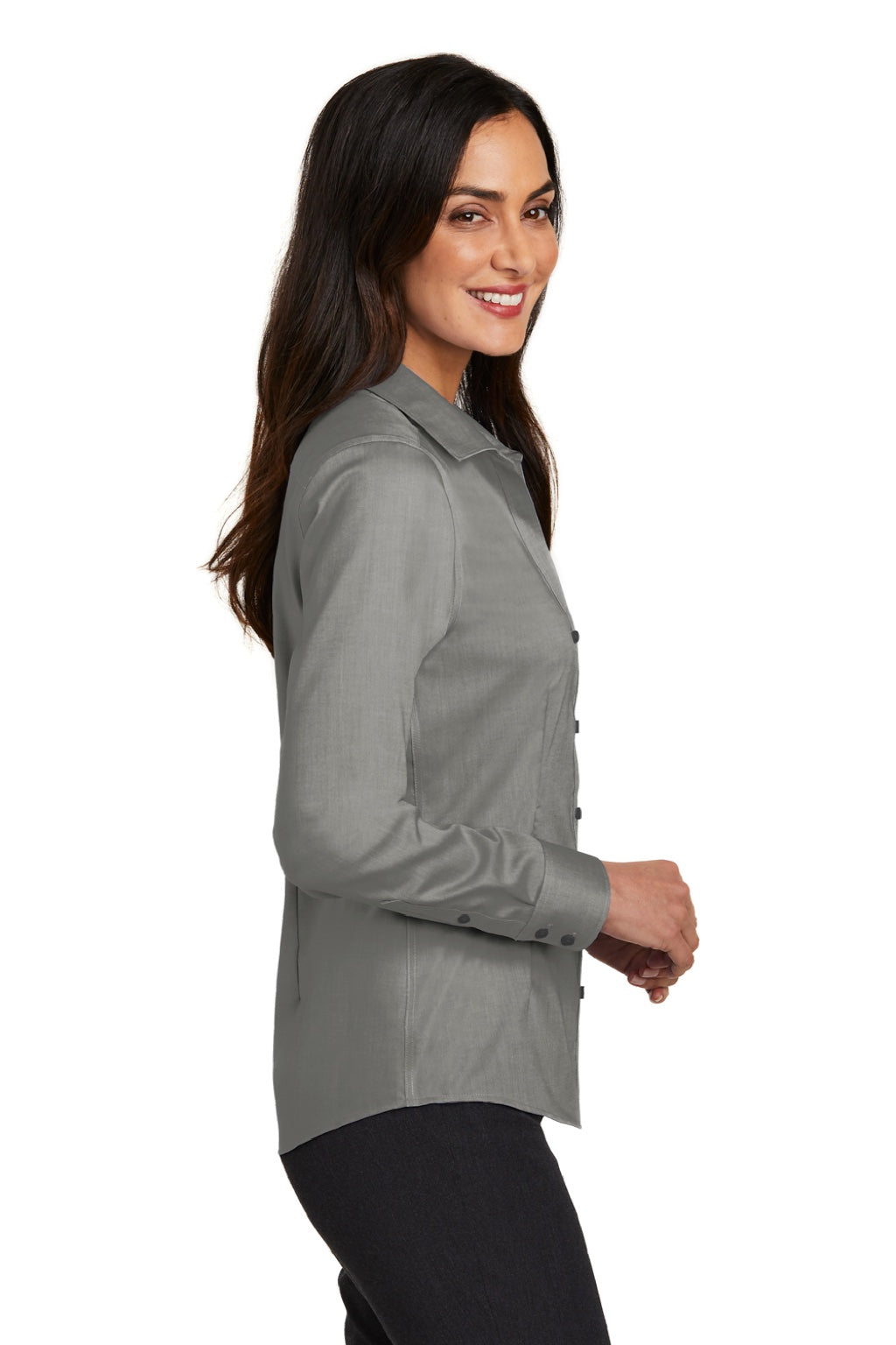 Red House RH250 Womens Pinpoint Oxford Wrinkle Resistant Long Sleeve Button Down Shirt Charcoal Grey Model Side