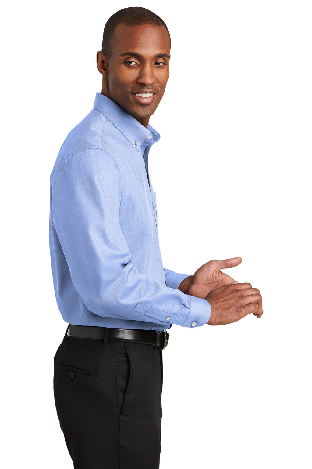 Red House RH370/TLRH370 Mens Nailhead Wrinkle Resistant Long Sleeve Button Down Shirt w/ Pocket Blue Pearl Model Side