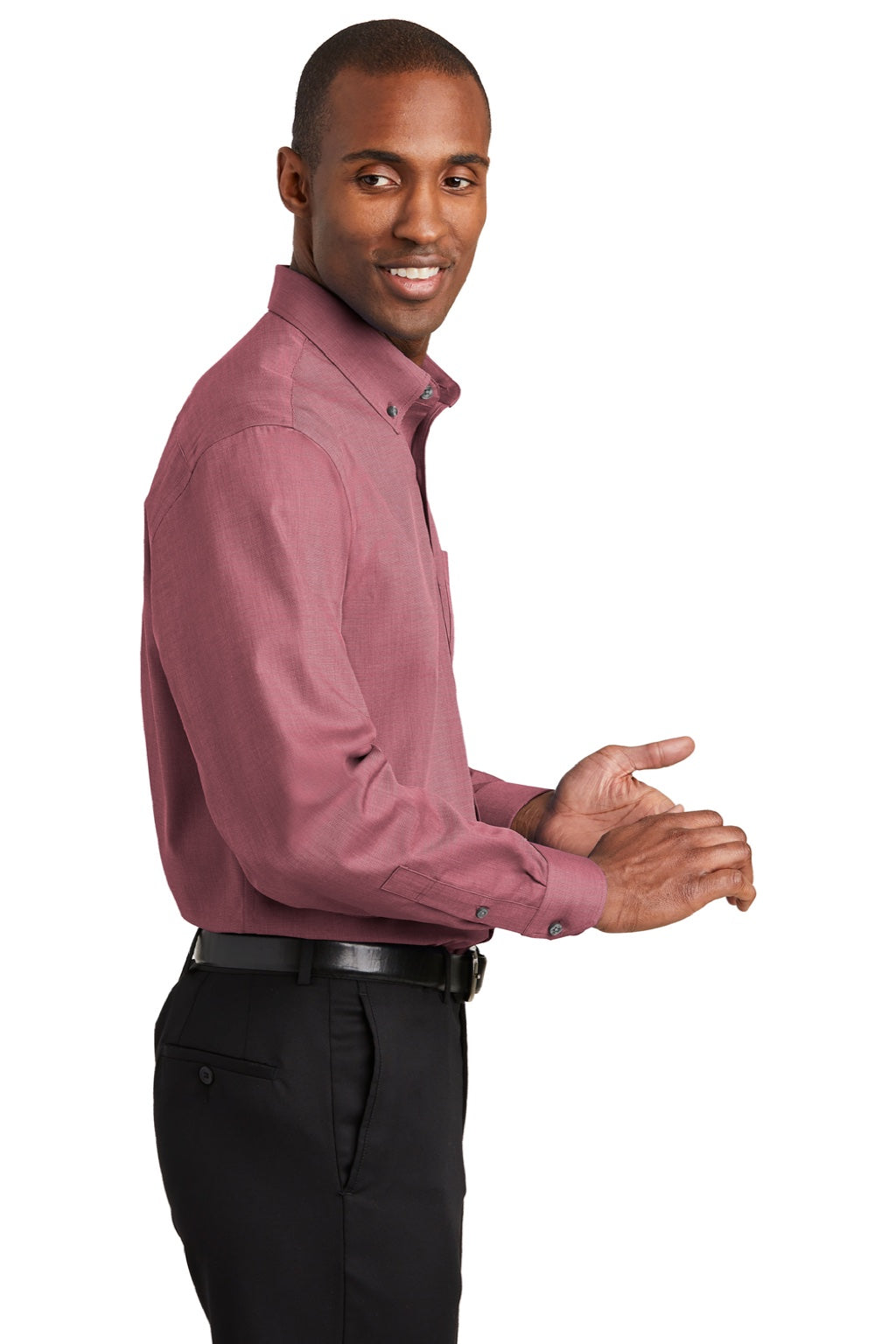 Red House RH370/TLRH370 Mens Nailhead Wrinkle Resistant Long Sleeve Button Down Shirt w/ Pocket Deep Scarlet Red Model Side