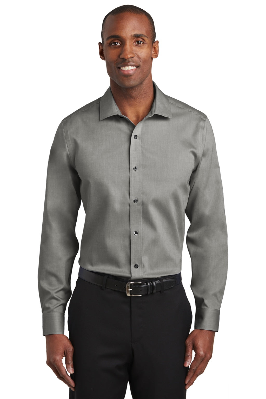 Red House RH620 Mens Pinpoint Oxford Wrinkle Resistant Long Sleeve Button Down Shirt Charcoal Grey Model Front